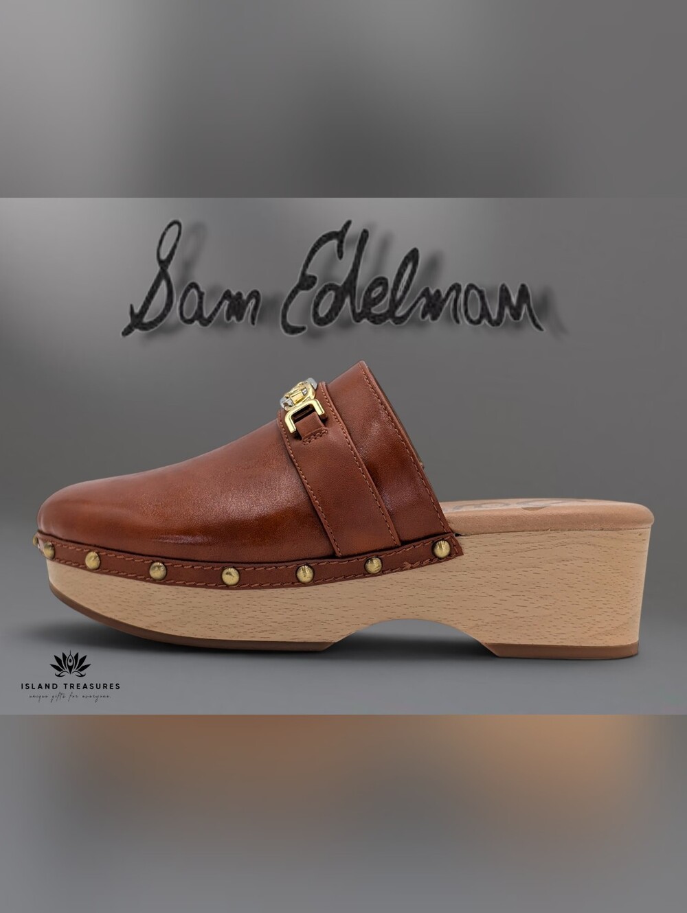 Sam Edelman Sz 8.5M Kaye Cognac Leather Clog Mule Gold Chain Hardware